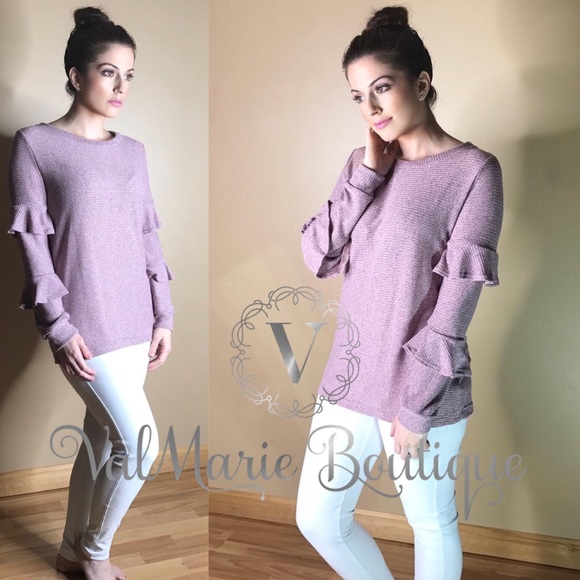 Ribbed Knit Ruffle Sleeve Top - Picture 2 of 5